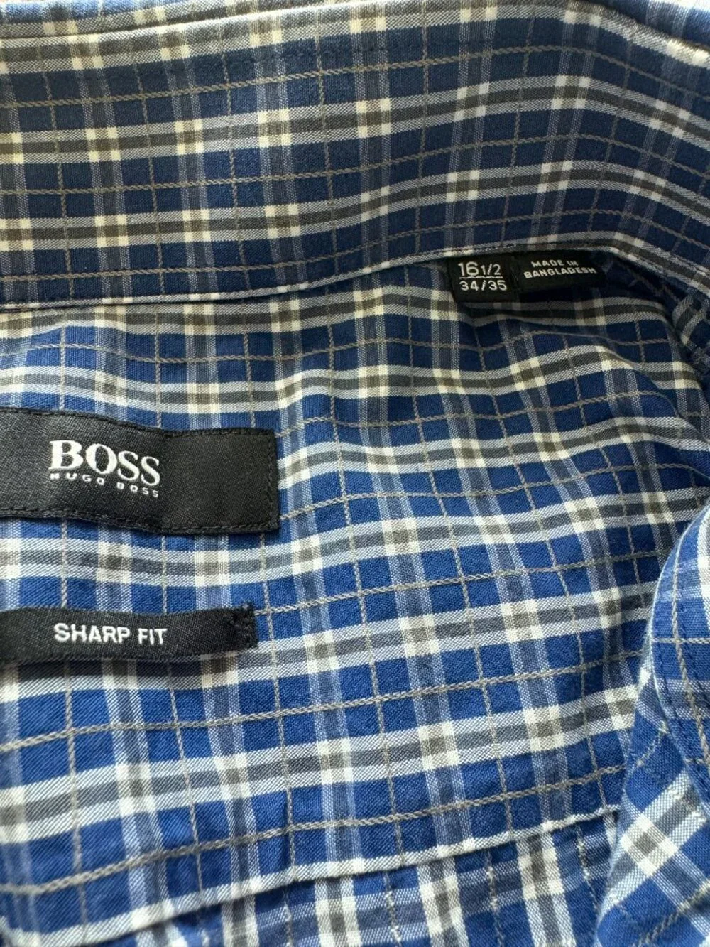Hugo Boss Men's Sharp Fit Blue Checkered Plaid Button Up Shirt Size 16 1/2 34-35